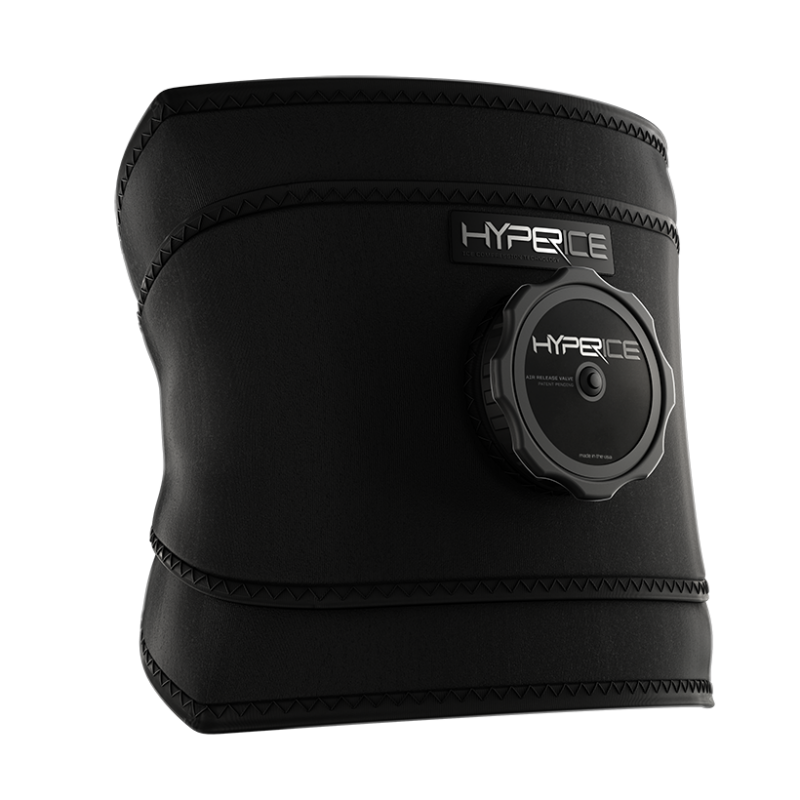 A sleek, modern black Hyperice Ice ICT Compression Technology Back wrap features zigzag stitching and an attached cylindrical component for therapeutic use with the brand visible on both parts.