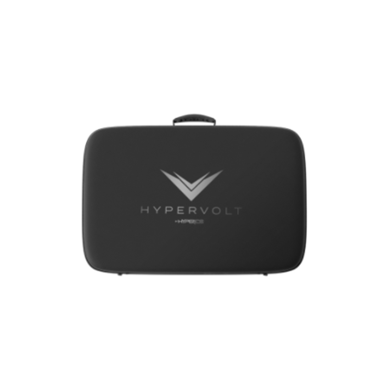 The Hypervolt Case is a sleek, black rectangular carrying case with a top handle. It features the brand name and logo in silver, designed specifically for storing or transporting Hypervolt massage devices.