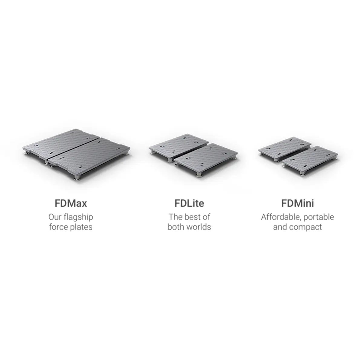 Three types of VALD ForceDecks metallic force plates are displayed: FDMax (largest, flagship), FDLite (medium, balanced), and FDMini (smallest, portable); each is labeled below the plate.