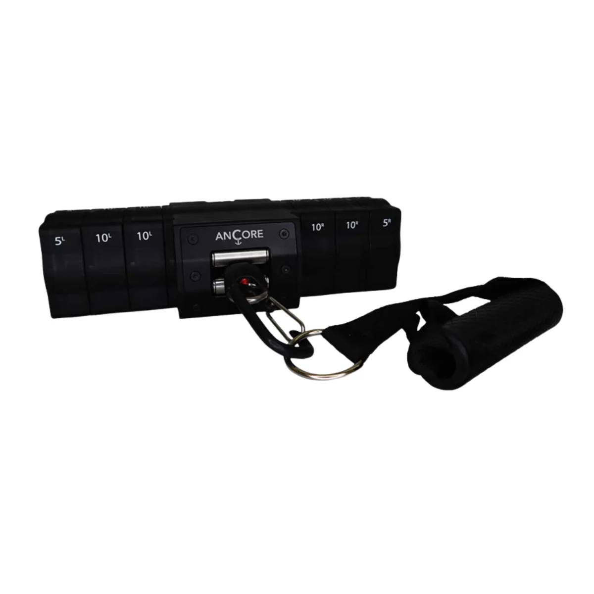 The Ancore is a black exercise resistance trainer with labeled weight settings and an attached strap handle, designed for strength training and workouts.