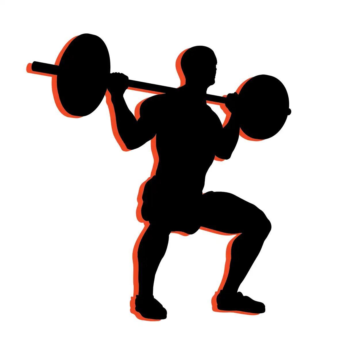Silhouette of a person performing a squat while holding a barbell across their shoulders, with a red outline highlighting the figure against a white background.