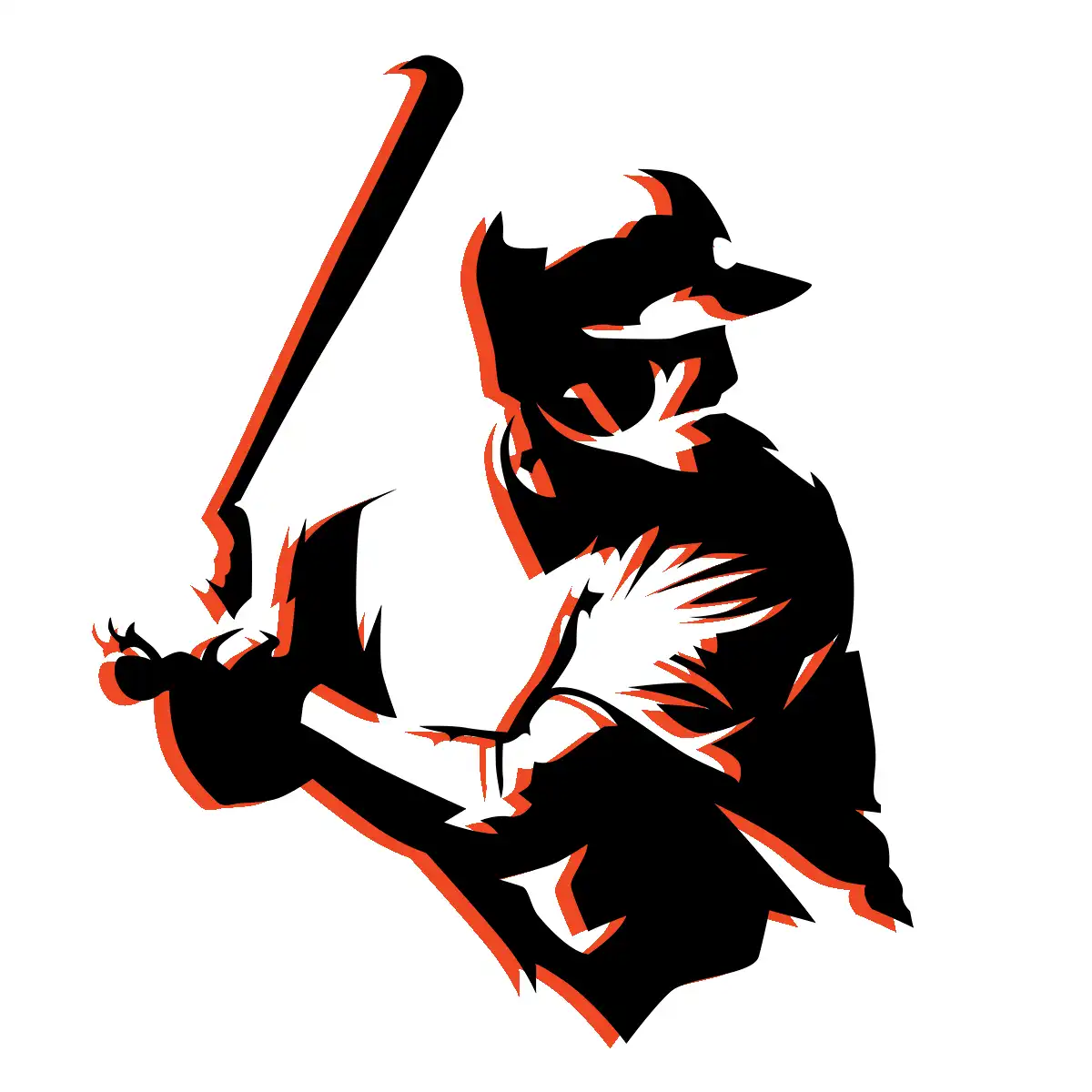 Stylized black and red illustration of a baseball player in mid-swing, wearing a helmet and holding a bat, set against a white background.
