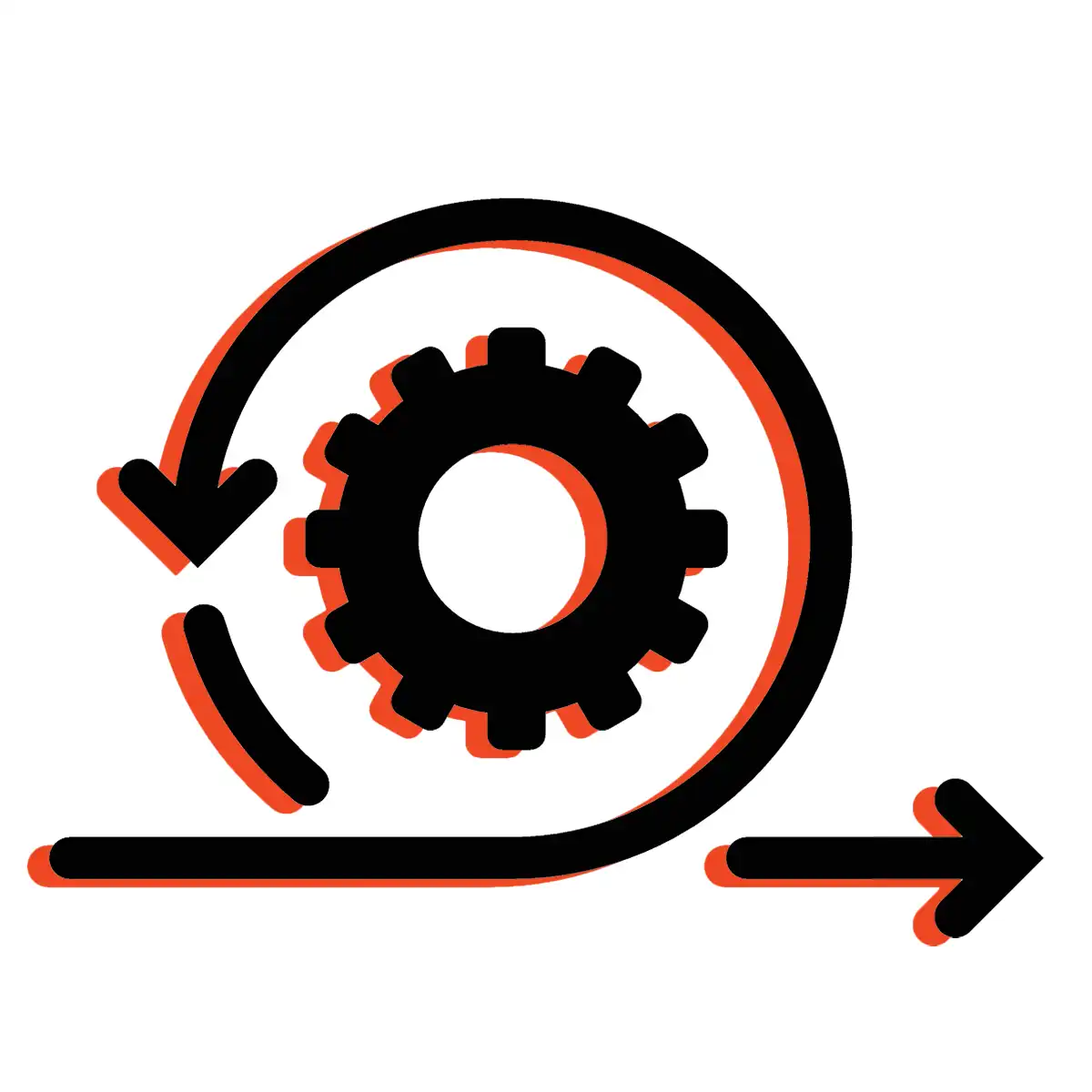 A black gear surrounded by a circular arrow, with a straight arrow extending right from the bottom, symbolizing workflow, process improvement, or agile methodology. The design has a red shadow effect.