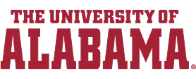 Logo for The University of Alabama, featuring the words THE UNIVERSITY OF ALABAMA in bold red capital letters on a transparent background.
