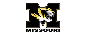 Large black letter M with a roaring tigers head in yellow, black, and white. The word MISSOURI is written in bold black letters below the M.